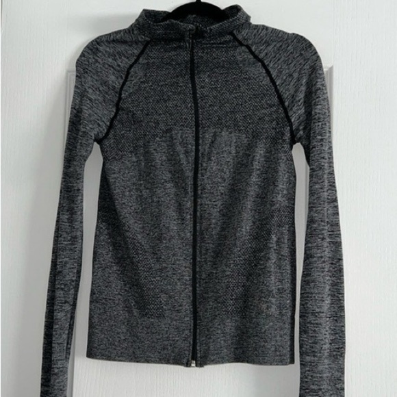 Fitted black & grey marl zip up athletic spandex jacket Large thumbholes - Picture 6 of 12